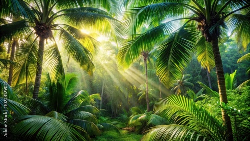 Lush tropical jungle with vibrant green palm trees and sunlight streaming through the canopy, tropical, jungle, lush, green