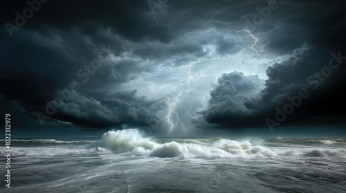 Dramatic storm clouds with lightning illuminating the turbulent sea.