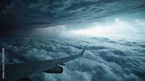 Dramatic view of storm clouds from airplane window above fluffy clouds.