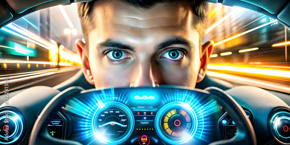 Close Up of Futuristic Dashboard Lights Reflecting in Driver's Excited Eyes, Macro Shot Captures Driver's Gaze Lit by Vibrant Holograms, Accelerating in a High-Tech Cockpit Overflowing with Advanced T Close Up of Futuristic Dashboard Lights Reflecting in Driver's Excited Eyes, Macro Shot Captures Driver's Gaze Lit by Vibrant Holograms, Accelerating in a High-Tech Cockpit Overflowing with Advanced T