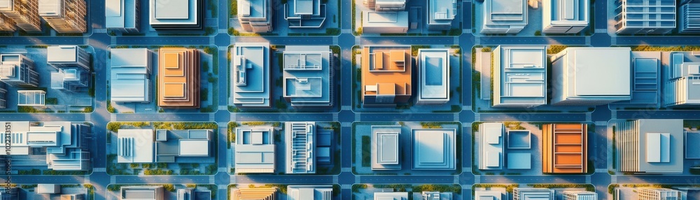 Obraz premium Aerial view of a modern urban landscape showcasing city blocks, buildings, and roads in a vibrant metropolis.