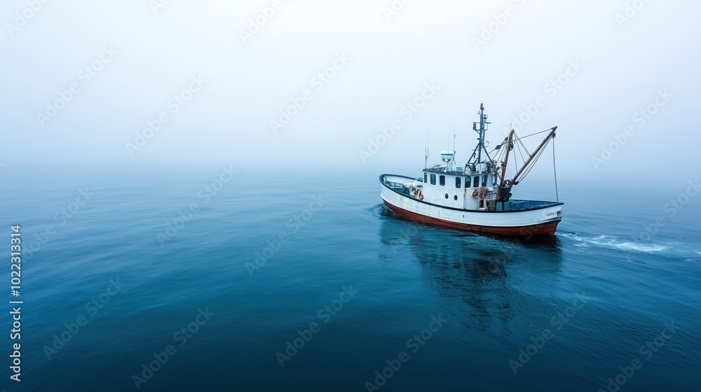 Fishing boat navigating tranquil waters in a serene foggy environment. Fishing boat navigating tranquil waters in a serene foggy environment.
