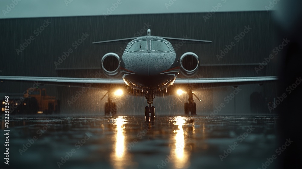 Fototapeta premium Front view of an aircraft with lights on in a rainy environment at a hangar.