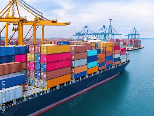 Aerial view of cargo containers stacked on a ship at a busy port, showcasing global trade and maritime industry.