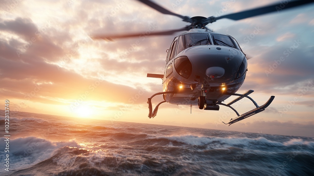 Helicopter flying over the ocean at sunset, dynamic view above crashing waves. Helicopter flying over the ocean at sunset, dynamic view above crashing waves.