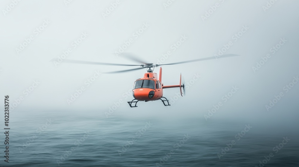 Helicopter flying over the ocean in foggy weather, isolated on a white background. Helicopter flying over the ocean in foggy weather, isolated on a white background.