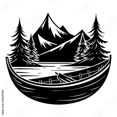 Canoe Boat Mountain Cut File Outdoor Canoeing Vector Graphic Silhouette