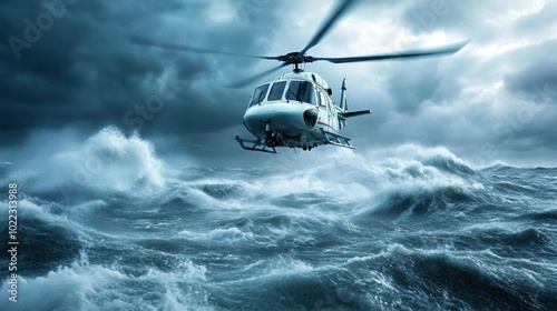 Helicopter flying over turbulent ocean waves under a stormy sky. photo