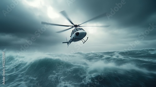 Helicopter flying over turbulent ocean waves under dramatic stormy skies.