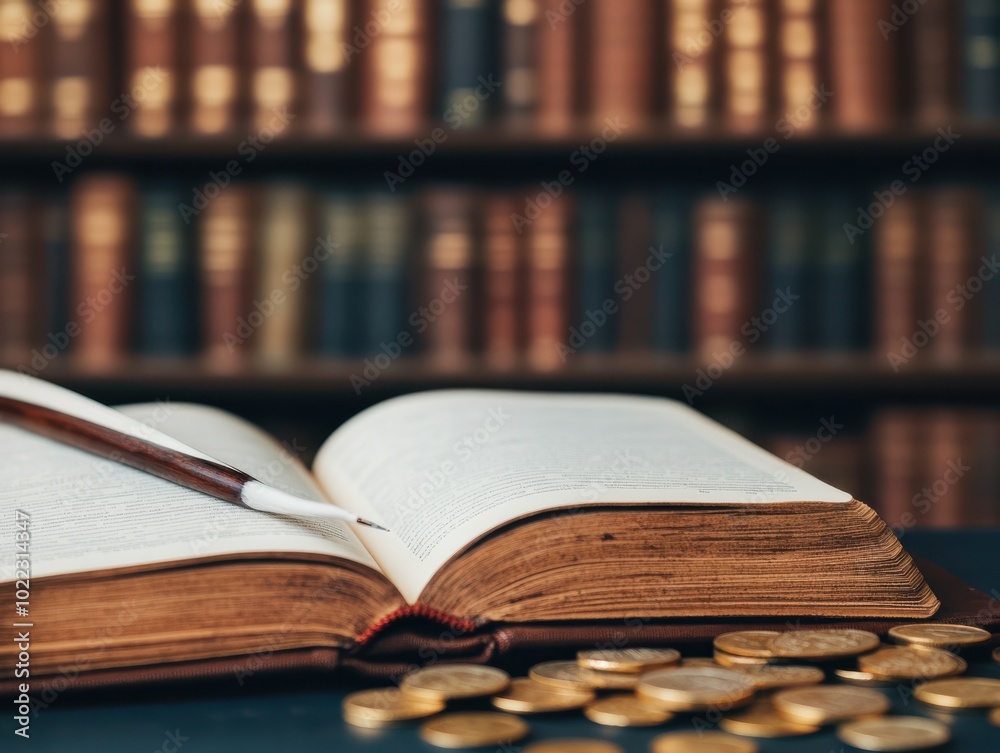 An open book lies atop scattered coins, symbolizing the intersection of knowledge and wealth in a scholarly environment. An open book lies atop scattered coins, symbolizing the intersection of knowledge and wealth in a scholarly environment.