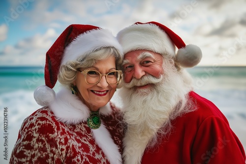 Mr. and Mrs. Santa Claus enjoying a sunny day on the beach while wearing their festive outfits and cheerful smiles