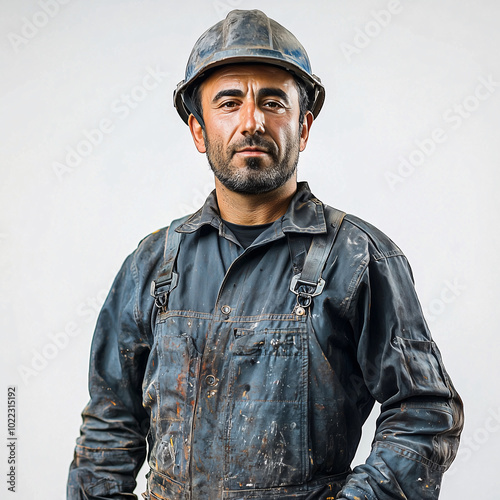 Smiling oil field worker crossing arms on white background