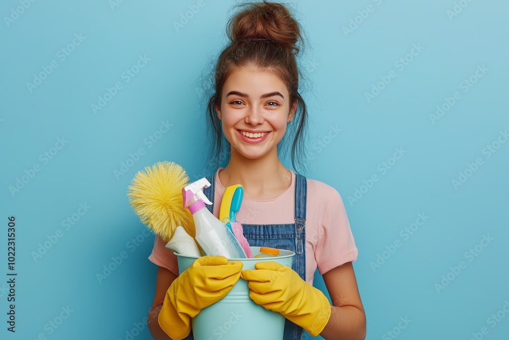 Young housemaid in yellow rubber gloves smiles while holding a bucket of cleaning supplies against a blue background Young housemaid in yellow rubber gloves smiles while holding a bucket of cleaning supplies against a blue background