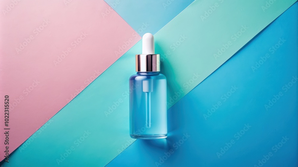 Minimalistic skincare bottle with blue serum on geometric pastel background, perfect for beauty and cosmetic themes Minimalistic skincare bottle with blue serum on geometric pastel background, perfect for beauty and cosmetic themes
