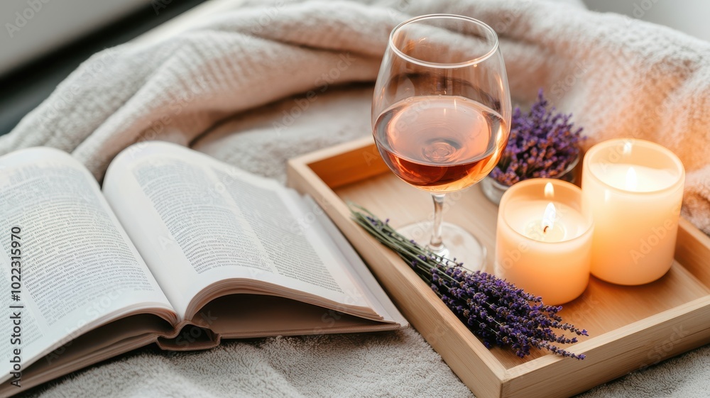 Cozy setup with a glass of wine, candles, lavender, and an open book, perfect for relaxation and self-care moments. Cozy setup with a glass of wine, candles, lavender, and an open book, perfect for relaxation and self-care moments.