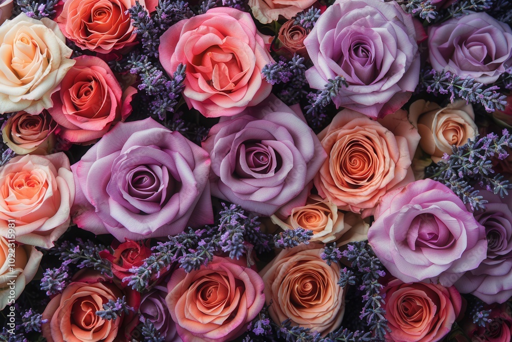 This beautiful composition features an array of roses and lavender, highlighting their contrasting colors in a stunning floral harmony. Generative AI This beautiful composition features an array of roses and lavender, highlighting their contrasting colors in a stunning floral harmony. Generative AI