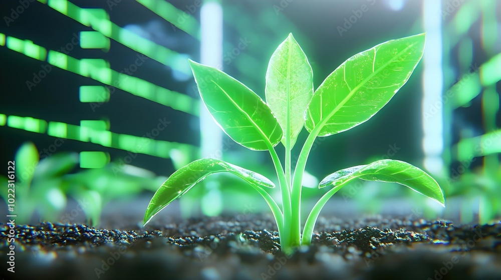A vibrant green seedling grows in dark soil, illuminated by soft light, symbolizing growth and innovation in a high-tech environment. A vibrant green seedling grows in dark soil, illuminated by soft light, symbolizing growth and innovation in a high-tech environment.