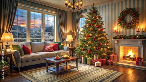 A charming living room adorned with a meticulously decorated Christmas tree and seasonal decorations, radiating warmth and creating a delightful festive atmosphere for all.