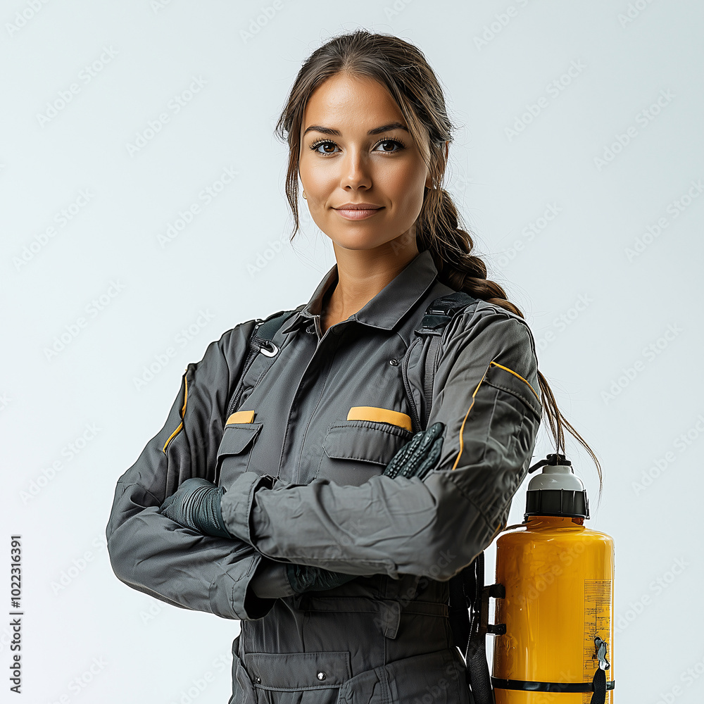 Female pest control worker holding sprayer and smiling on white background Female pest control worker holding sprayer and smiling on white background