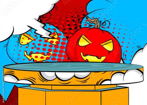 Comic Book Product podium stage for mockup presentation with Halloween Jack O' Lantern. Retro comics background.