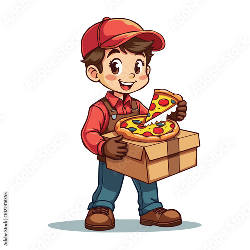 Cute Courier With Pizza Box Cartoon Vector Icon Illustration with White Background