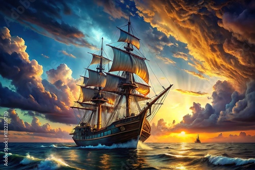 A formidable pirate ship slices through the roaring sea, sails fluttering wildly under an ominous sky, creating a scene of adventure and tension in stunning digital art.