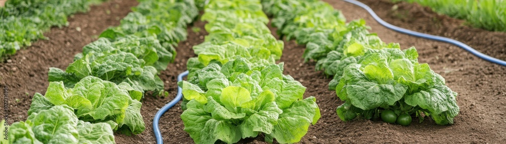 Fresh green lettuce growing in rows on a farm, showcasing healthy plants and agricultural practices. Fresh green lettuce growing in rows on a farm, showcasing healthy plants and agricultural practices.