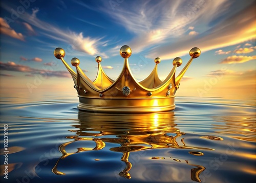 A glowing golden crown drifts on smooth water, its reflections dancing on the surface, enveloping the scene in a tranquil and harmonious ambiance. photo