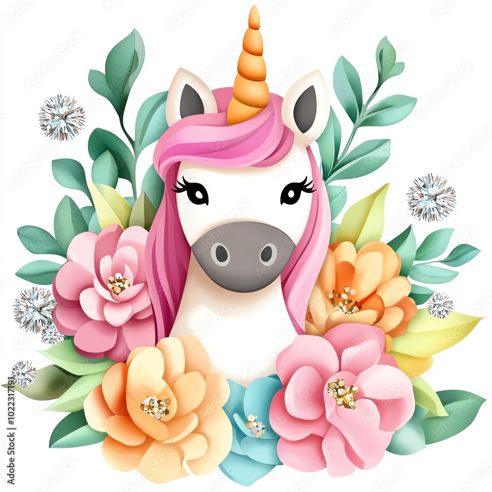 Naklejka premium A whimsical unicorn surrounded by colorful flowers, exuding a magical and cheerful vibe.