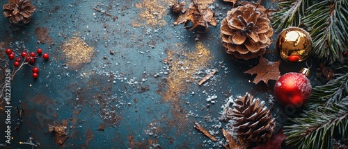 Festive decorations with pine cones and ornaments