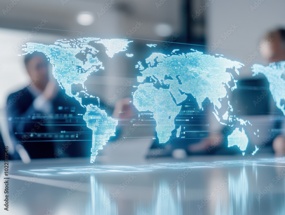 Futuristic world map displayed in a meeting setting, symbolizing global connectivity and advanced technology in business. Futuristic world map displayed in a meeting setting, symbolizing global connectivity and advanced technology in business.