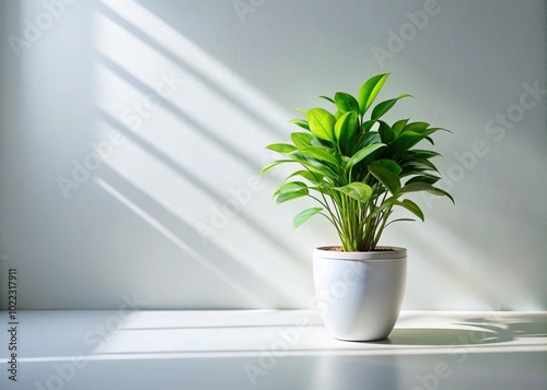 An elegant white backdrop, featuring a potted plant, harmonizes with soft light shadows, establishing a peaceful ambiance ideal for modern aesthetic design.