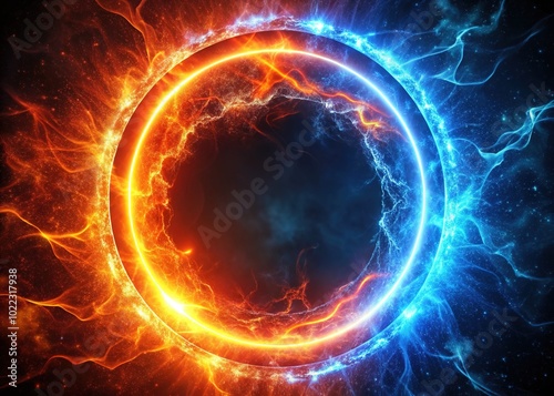 An enchanting animated neon ring, symbolizing fire and ice, is framed with a radiant glow and swirling lines, showcased in stunning 4K visuals.