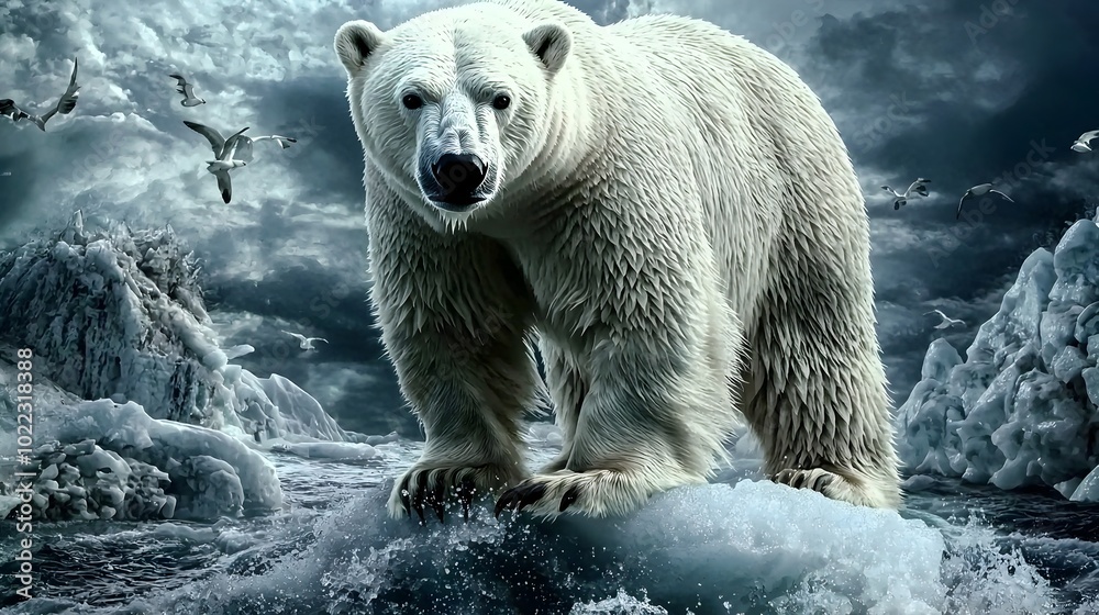 A haunting image capturing a solitary polar bear standing on a diminishing iceberg in the vast open ocean A haunting image capturing a solitary polar bear standing on a diminishing iceberg in the vast open ocean