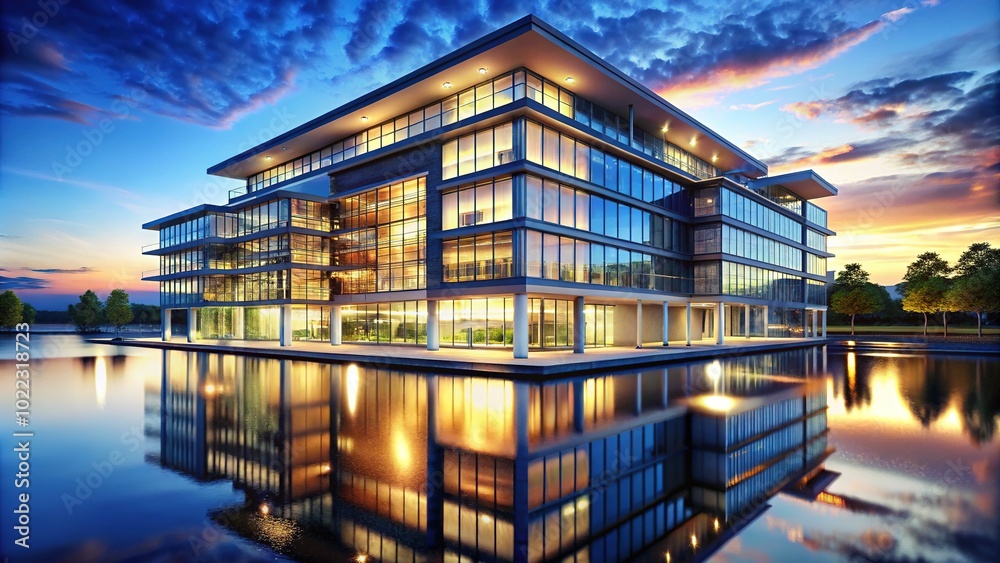 A stylish office building shines under the night sky, its sleek silhouette beautifully mirrored in calm water, perfectly realized in a stunning 3D render. A stylish office building shines under the night sky, its sleek silhouette beautifully mirrored in calm water, perfectly realized in a stunning 3D render.