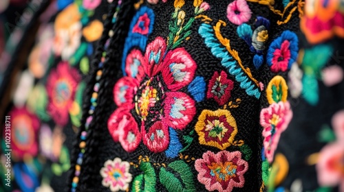 Colorful Floral Embroidery on Black Fabric