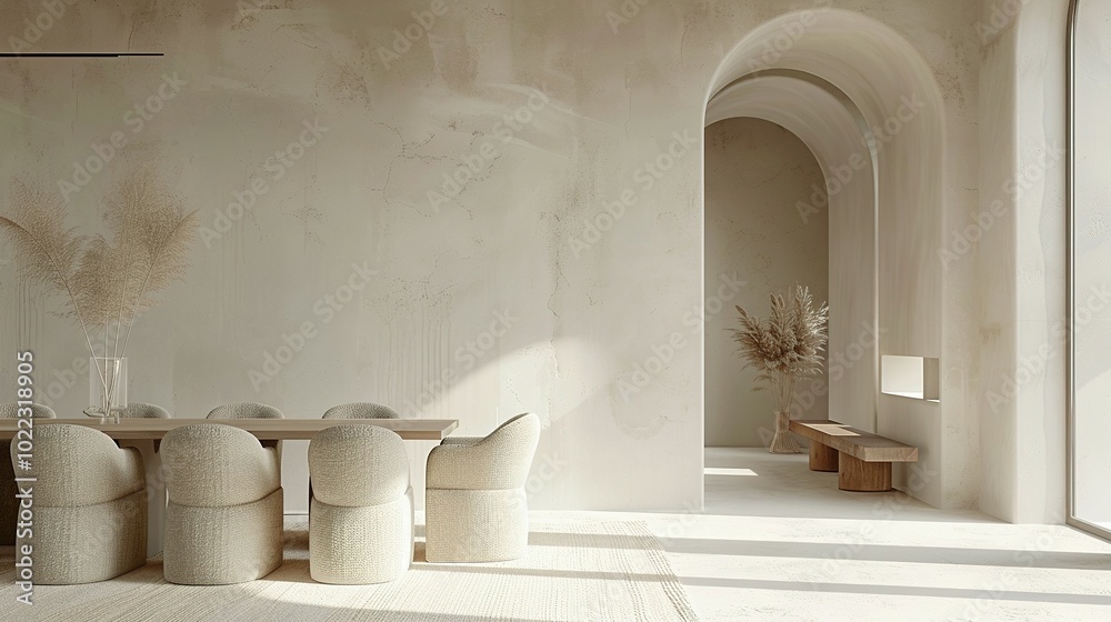 Contemporary Minimalist Living Space: Boucle Chairs at Dinner Table Set amidst Stucco Walls and an Impressive Arch Entryway Contemporary Minimalist Living Space: Boucle Chairs at Dinner Table Set amidst Stucco Walls and an Impressive Arch Entryway
