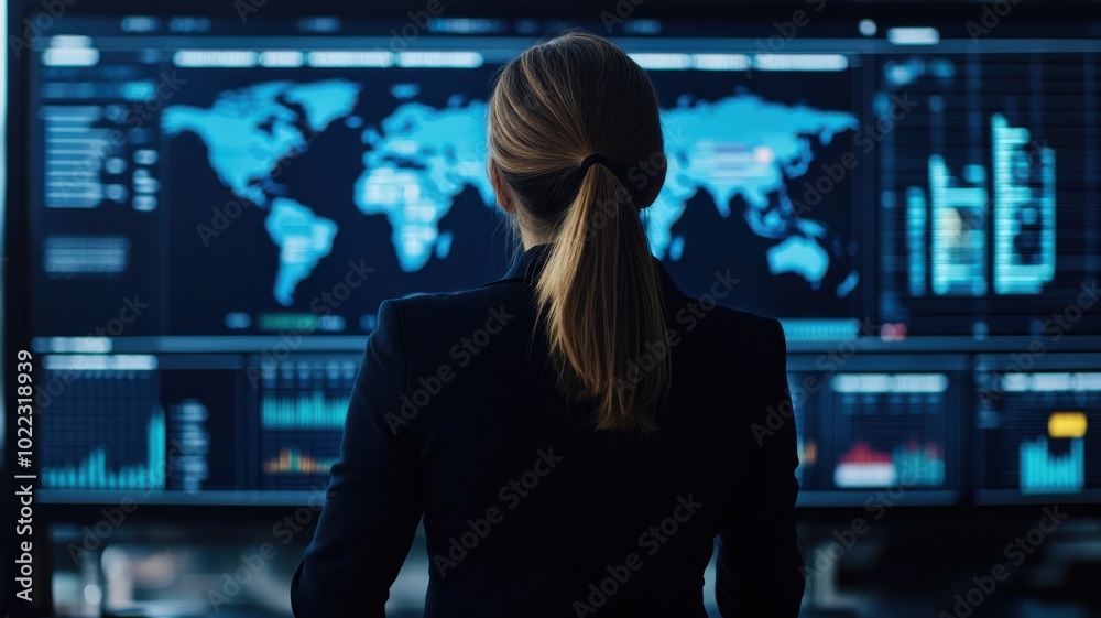 Professional woman analyzes global data trends on a large screen in a modern office environment, showcasing advanced technology. Professional woman analyzes global data trends on a large screen in a modern office environment, showcasing advanced technology.