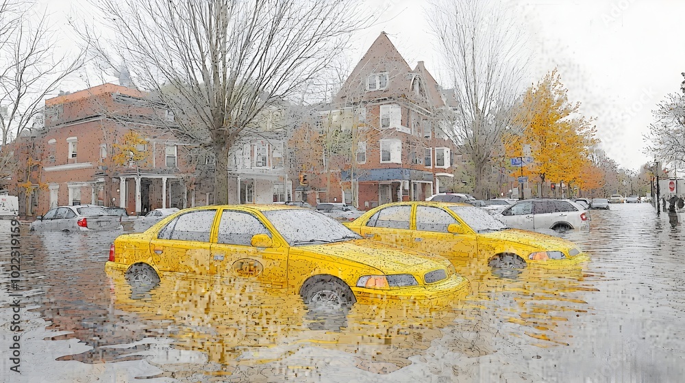 Aerial view of a flooded city street with submerged cars and buildings ...