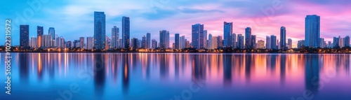 Stunning city skyline at dusk, reflecting in a calm body of water, showcasing vibrant colors of nature and architecture.