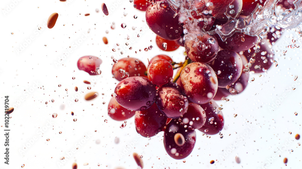 Washing red grapes. A bunch of grapes flies through the air in drops of water on a white background. The grapes float in the water, creating a beautiful and refreshing picture Washing red grapes. A bunch of grapes flies through the air in drops of water on a white background. The grapes float in the water, creating a beautiful and refreshing picture