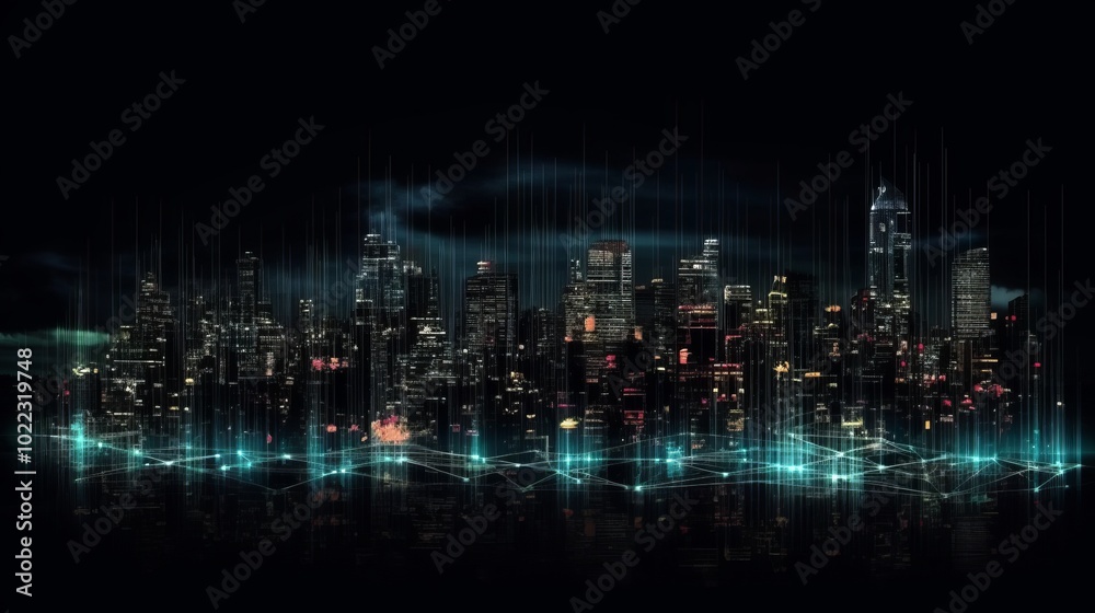 A city skyline is shown in a dark, moody atmosphere