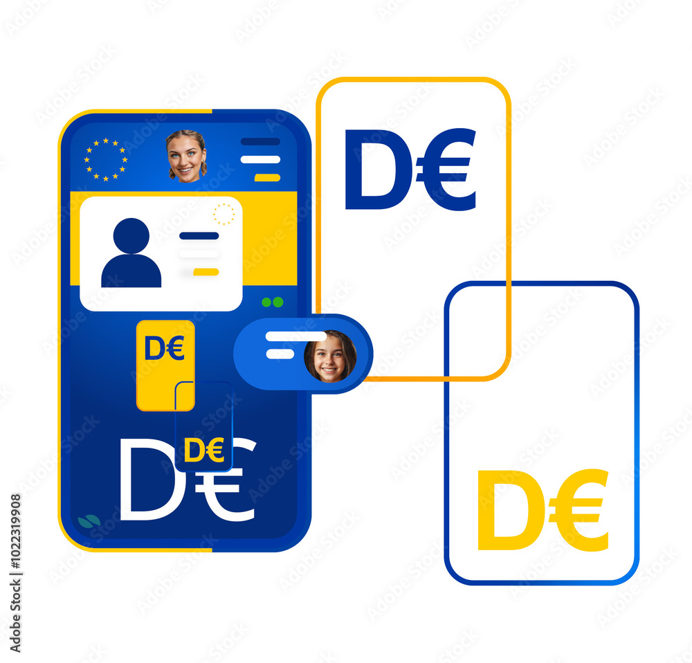 D€ receive and send money cash, Digital Euro as D-EUR as € online, internet by app on smartphone, European Union EU Europe digital currency as D-Euro D€ receive and send money cash, Digital Euro as D-EUR as € online, internet by app on smartphone, European Union EU Europe digital currency as D-Euro