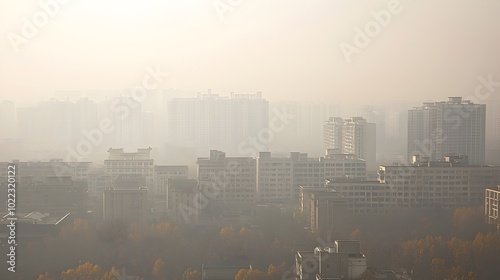 Hazy polluted city skyline illustrating the damaging effects of air pollution and its connection to the global warming crisis  The image showcases an obscured photo