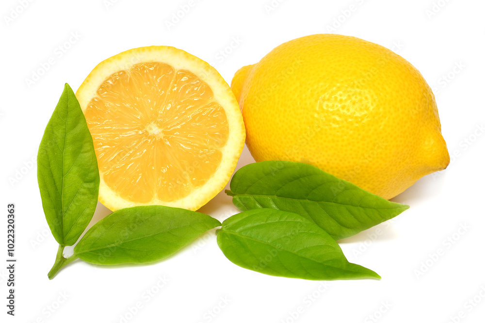 Lemon whole and slice with leaves isolated on white background Lemon whole and slice with leaves isolated on white background