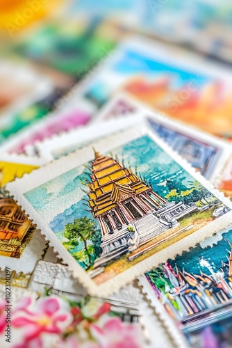 Wallpaper Mural Colorful Stamp Collection Featuring Scenic Temples Torontodigital.ca
