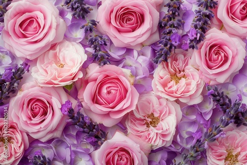 Lovely pink roses intermingle with fragrant lavender, forming a breathtaking floral display that captures the essence of spring. Generative AI