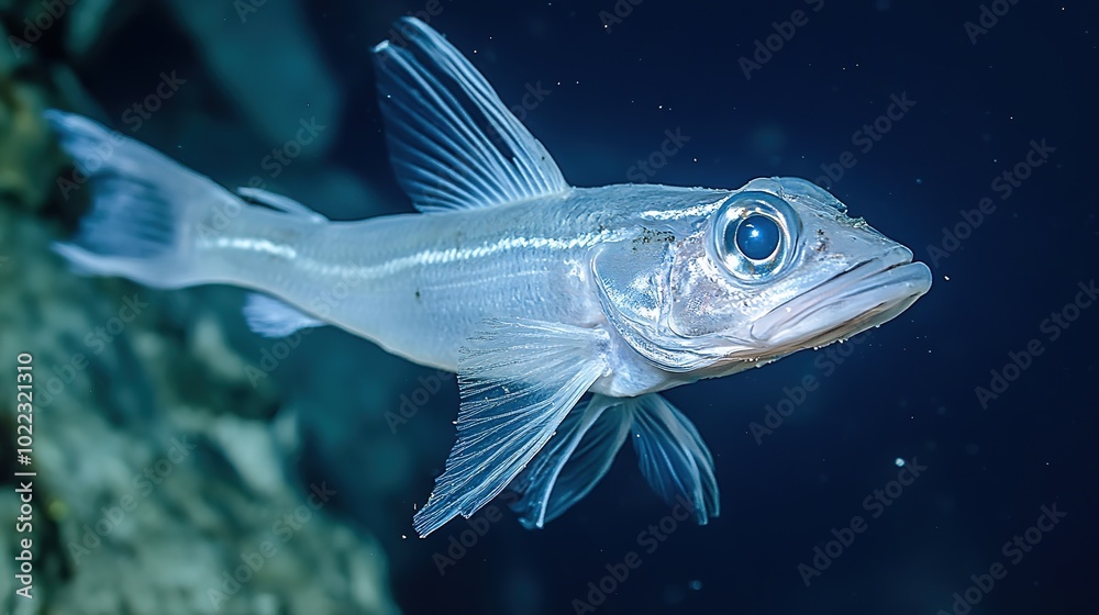 Mysterious Deep Sea Fish Dwelling in the Dark Ocean Depths, Surrounded by Dim Blue Light, Perfect for Oceanic and Marine Life-Themed Designs Mysterious Deep Sea Fish Dwelling in the Dark Ocean Depths, Surrounded by Dim Blue Light, Perfect for Oceanic and Marine Life-Themed Designs