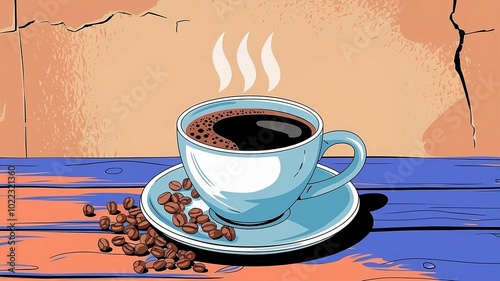 Delicious Coffee Cup Illustration with Steaming Brew and Coffee Beans