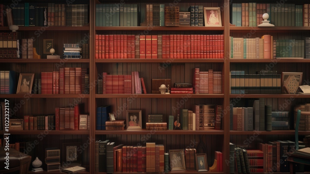 Wooden shelves display an extensive array of textbooks and academic literature in a warm, inviting study environment. Generative AI Wooden shelves display an extensive array of textbooks and academic literature in a warm, inviting study environment. Generative AI